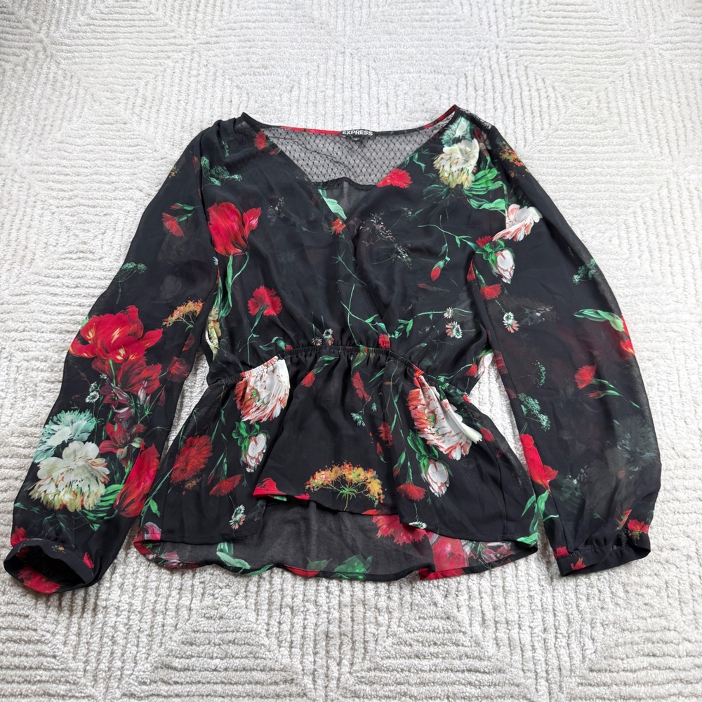 Express Floral Peplum Blouse Womens M Black Sheer Dark Romantic Whimsigoth Boho
